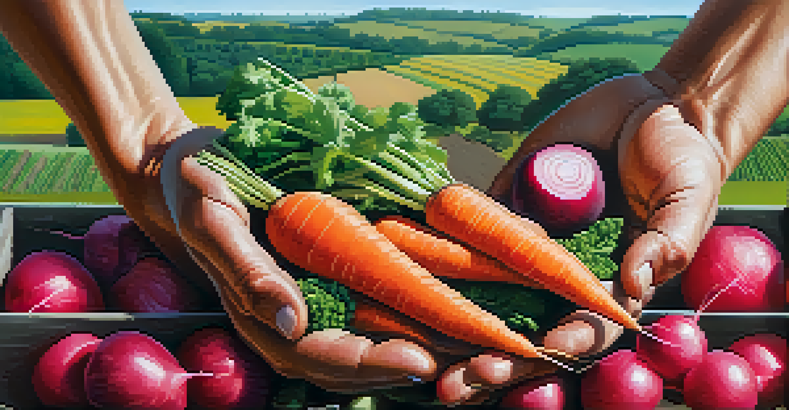 A close-up of a farmer's hands holding freshly harvested organic vegetables, with a green farm landscape in the background.