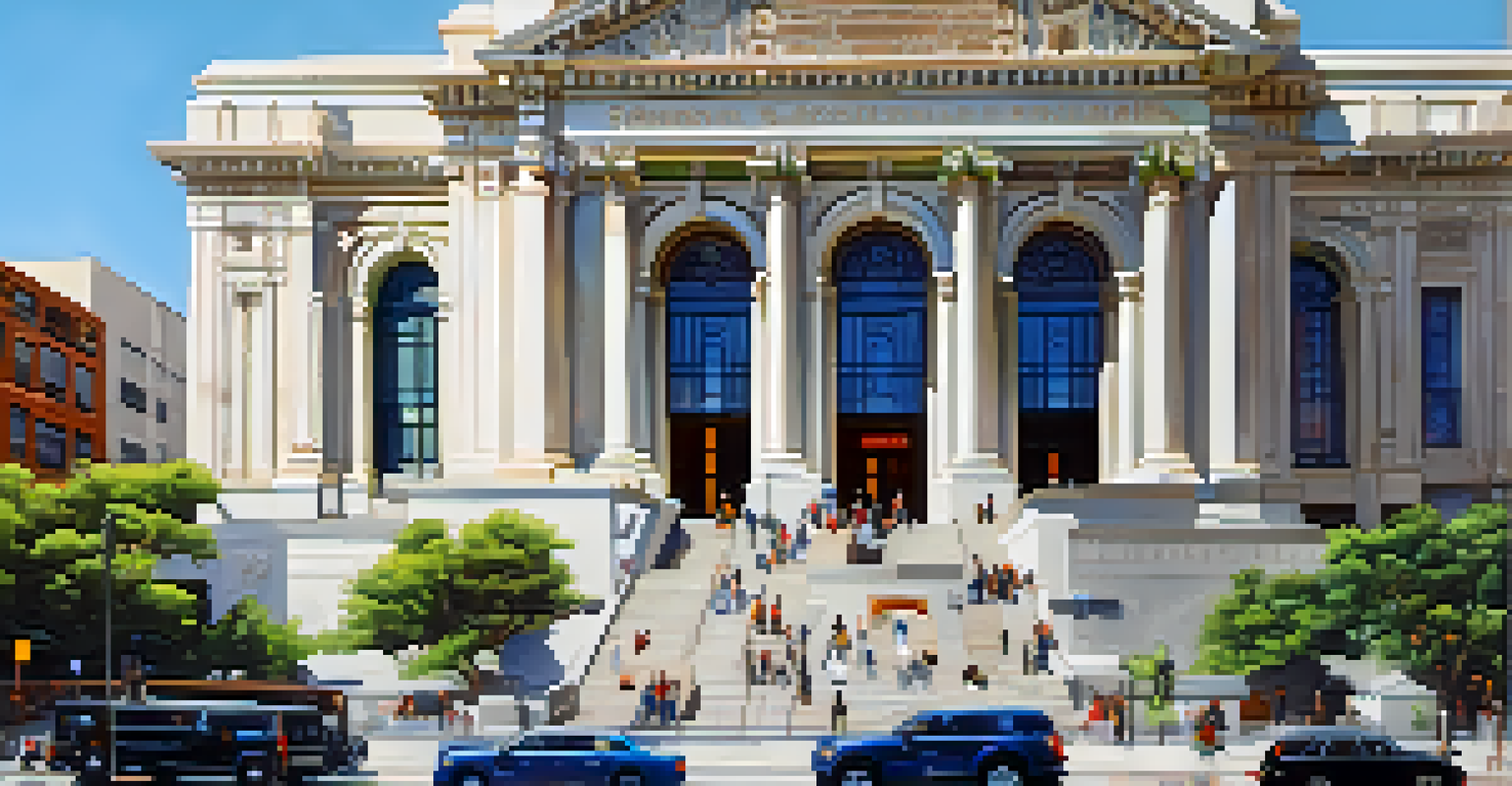 The San Francisco Main Library building with a blend of historic and modern architecture, surrounded by greenery and people walking by.
