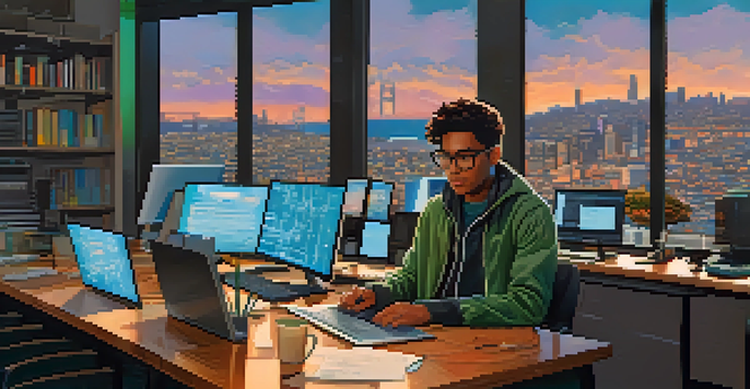 A young intern working at a desk in a modern tech office with multiple screens and a view of the San Francisco skyline.