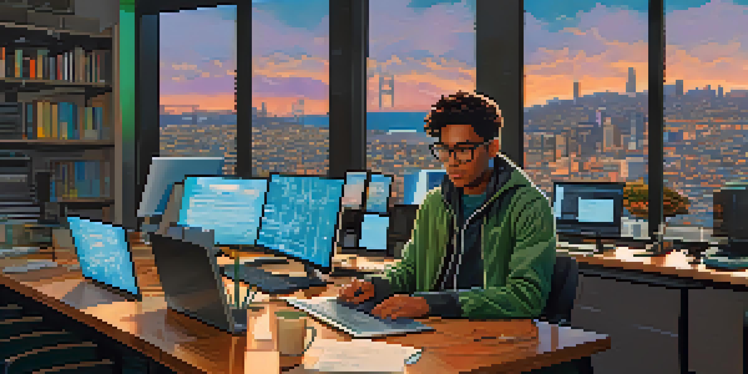 A young intern working at a desk in a modern tech office with multiple screens and a view of the San Francisco skyline.
