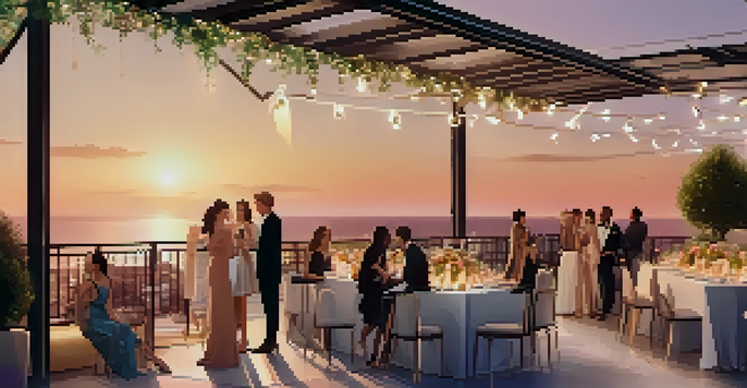 A stylish rooftop terrace filled with guests at a fashion event, featuring a runway and sunset backdrop.