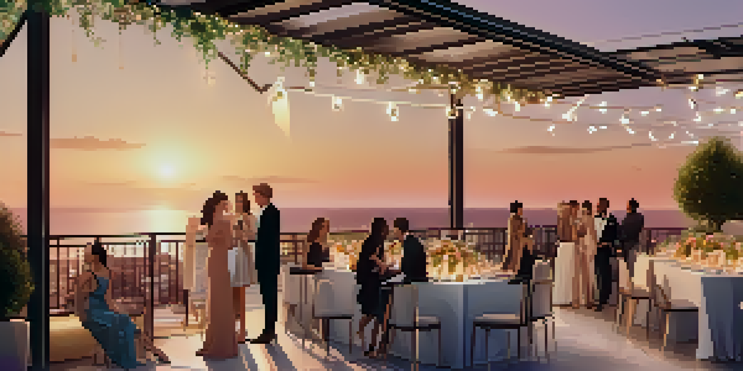 A stylish rooftop terrace filled with guests at a fashion event, featuring a runway and sunset backdrop.