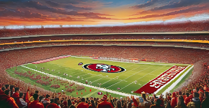 A lively football stadium during a San Francisco 49ers game with fans in red and gold jerseys cheering, bright stadium lights, and players on the field.