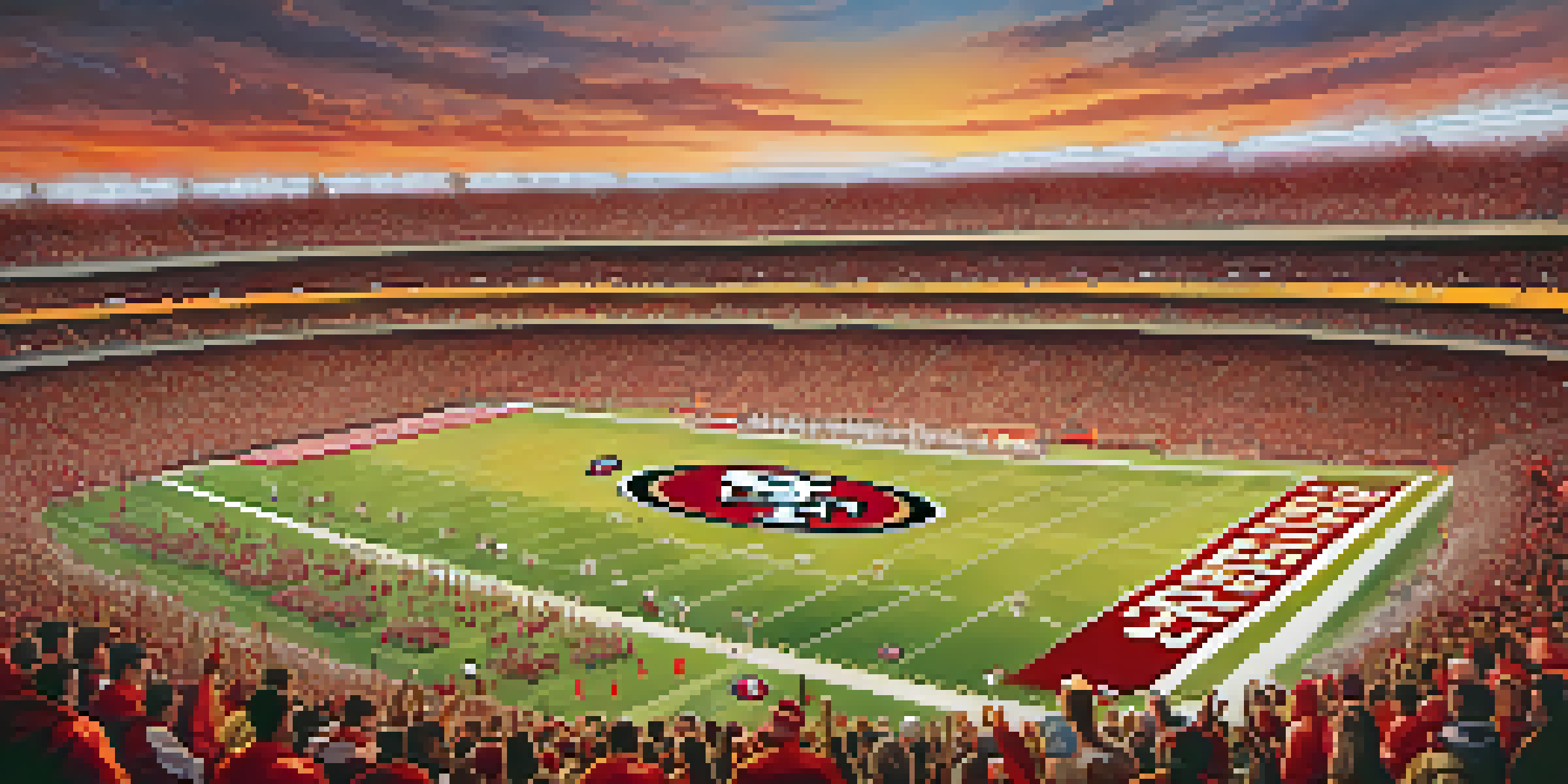 A lively football stadium during a San Francisco 49ers game with fans in red and gold jerseys cheering, bright stadium lights, and players on the field.