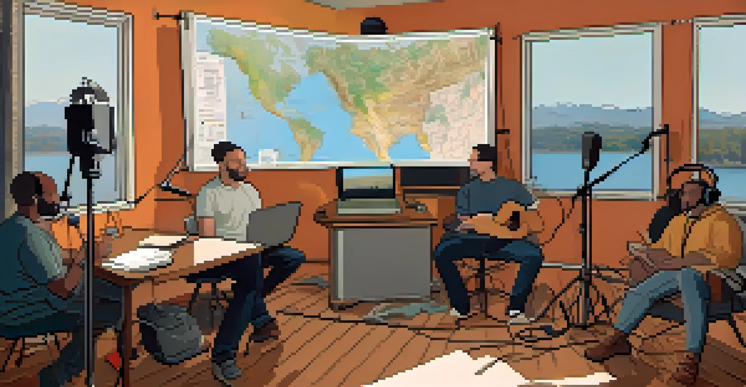 A cozy podcast studio with diverse podcasters discussing local issues, featuring microphones and a backdrop of a Bay Area map.