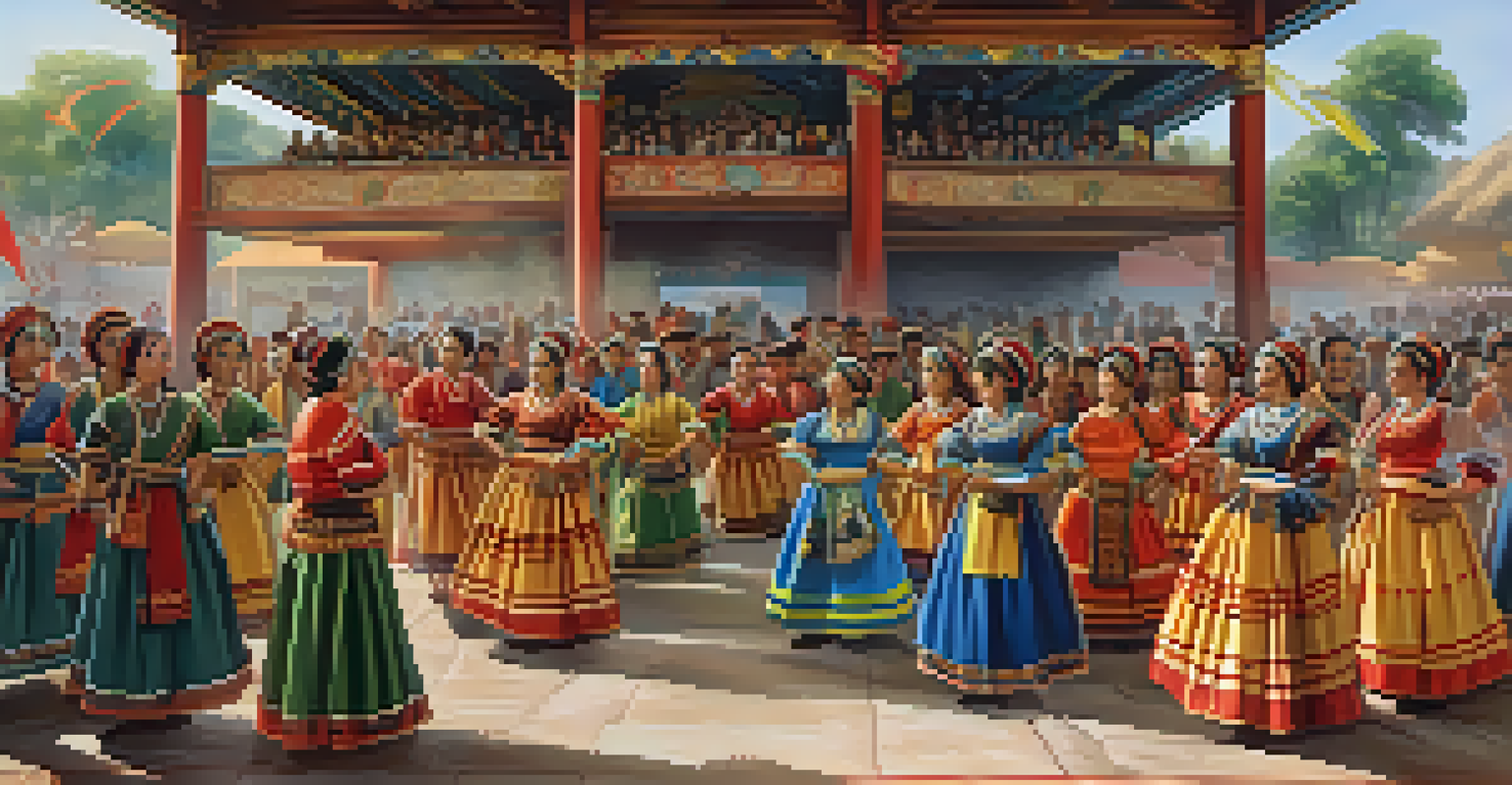 Performers in traditional costumes dancing at the 1915 Panama-Pacific International Exposition, surrounded by an engaged audience and cultural decorations.