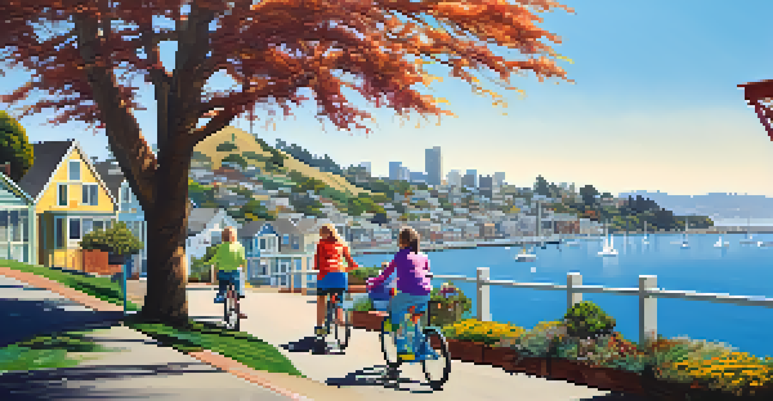 A family riding bikes along the waterfront in Sausalito, with colorful houses and the San Francisco skyline in the background.