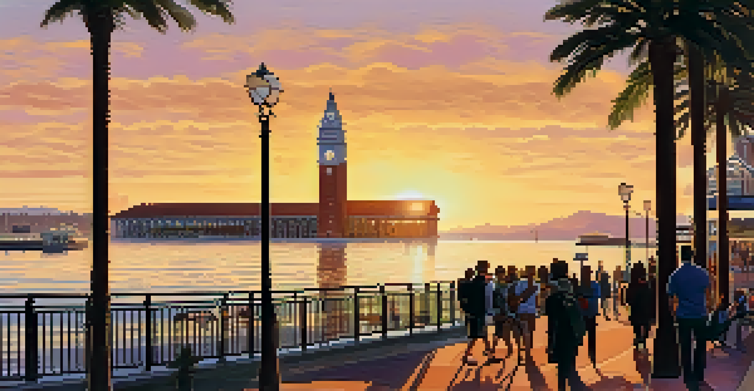 The Ferry Building at sunset, with its clock tower illuminated and reflections on the water.