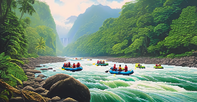 A group of people rafting on the Pacuare River, surrounded by lush greenery and waterfalls.