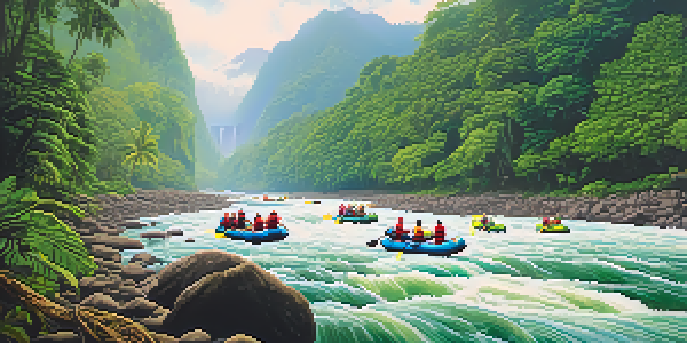 A group of people rafting on the Pacuare River, surrounded by lush greenery and waterfalls.