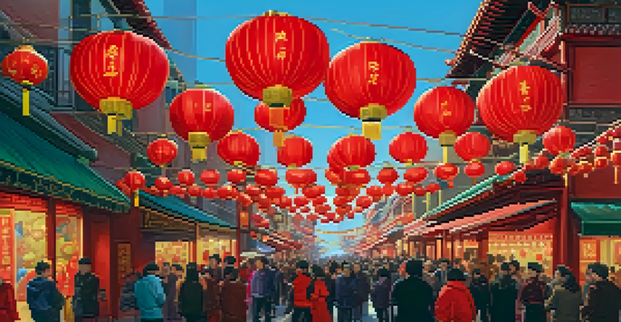 A lively street in Chinatown filled with people celebrating Lunar New Year, adorned with colorful decorations and traditional dancers.