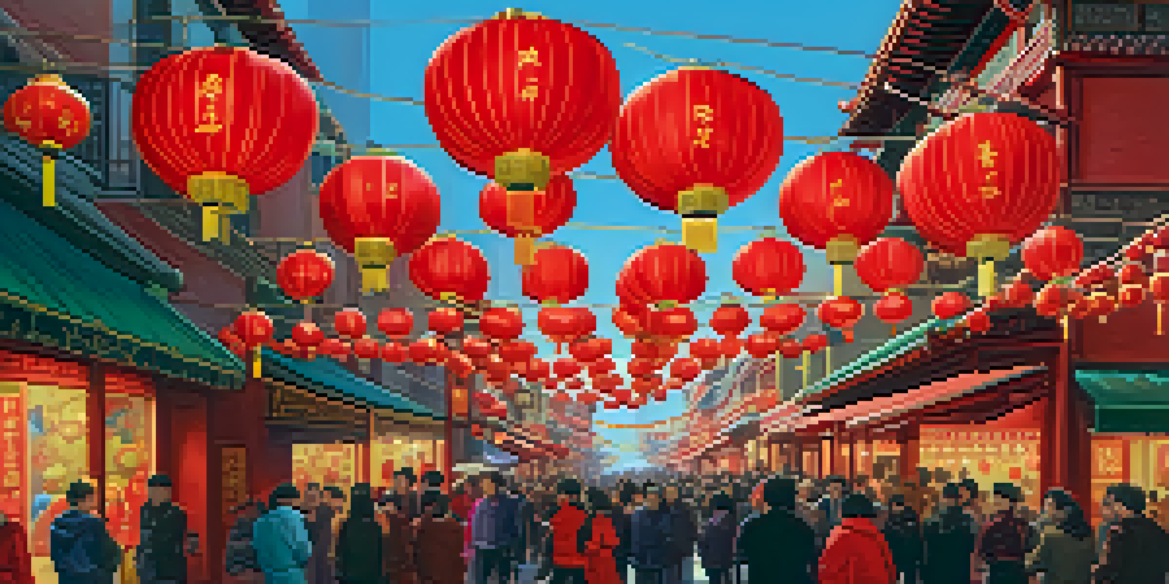 A lively street in Chinatown filled with people celebrating Lunar New Year, adorned with colorful decorations and traditional dancers.