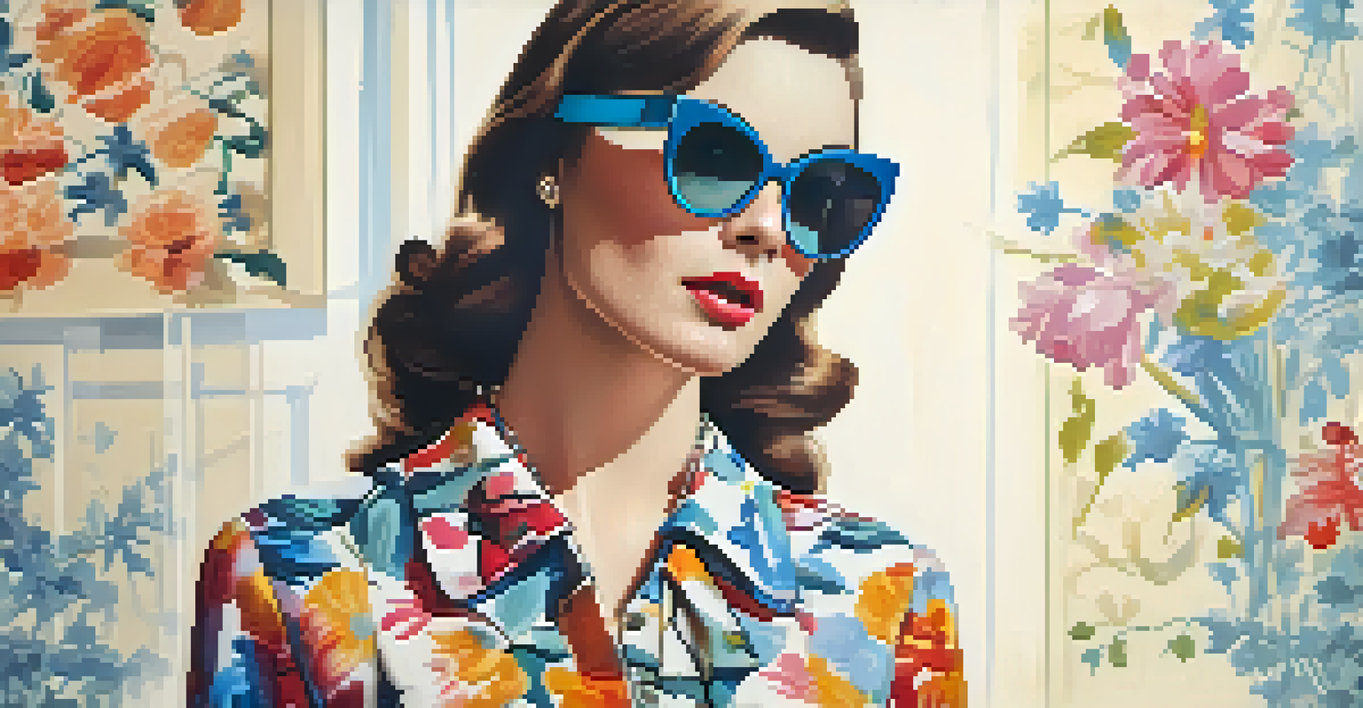 A stylish vintage outfit with a 1960s floral dress, modern belt, and retro sunglasses, with a blurred background.