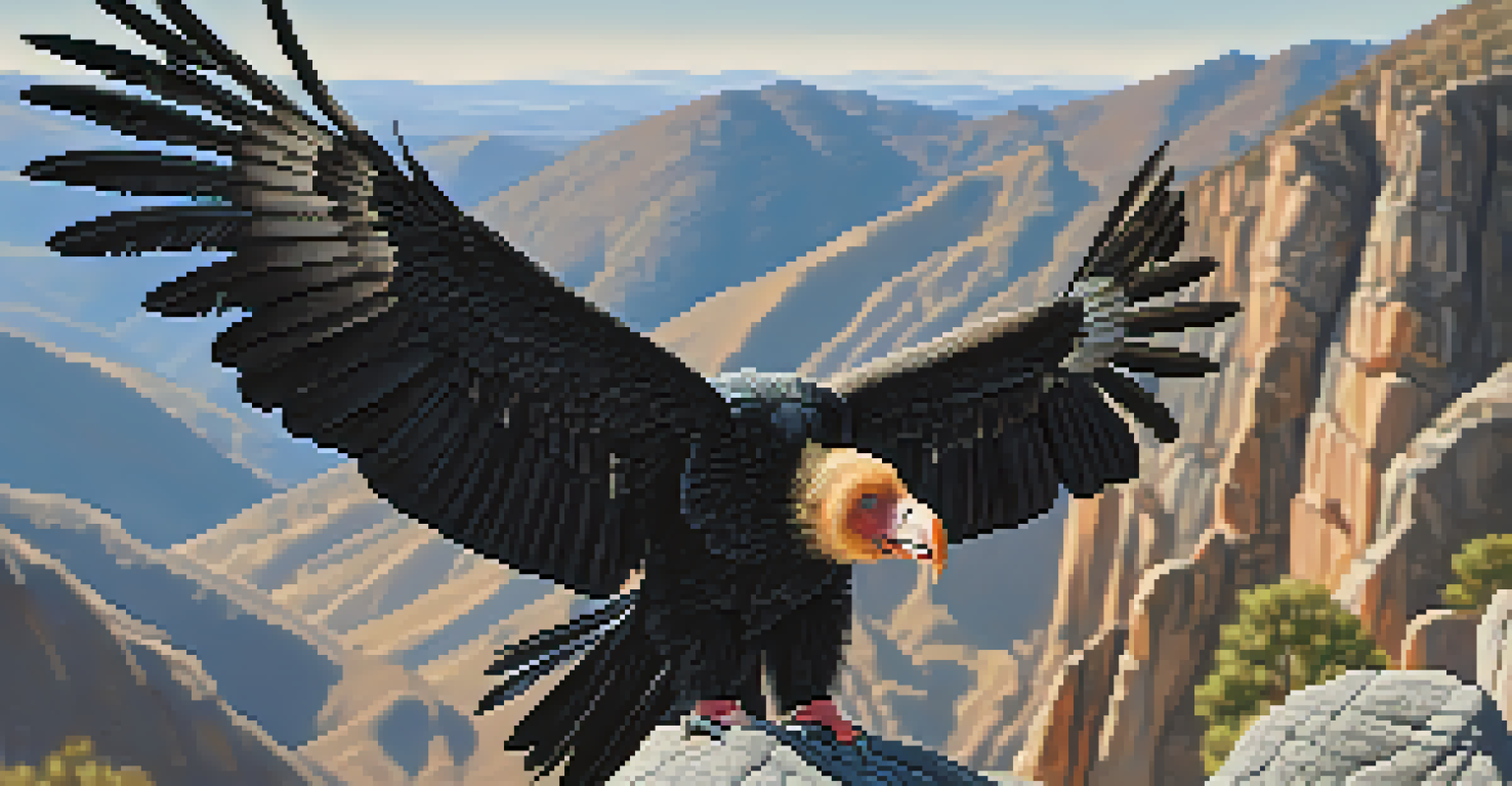 A close-up of a California condor on a cliff, showcasing its wings and feathers against a mountainous background.
