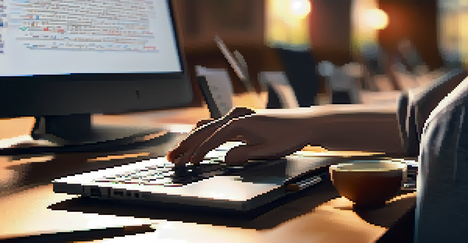 A close-up of hands typing on a laptop with scattered notes and a coffee cup, set in a tech bootcamp classroom.