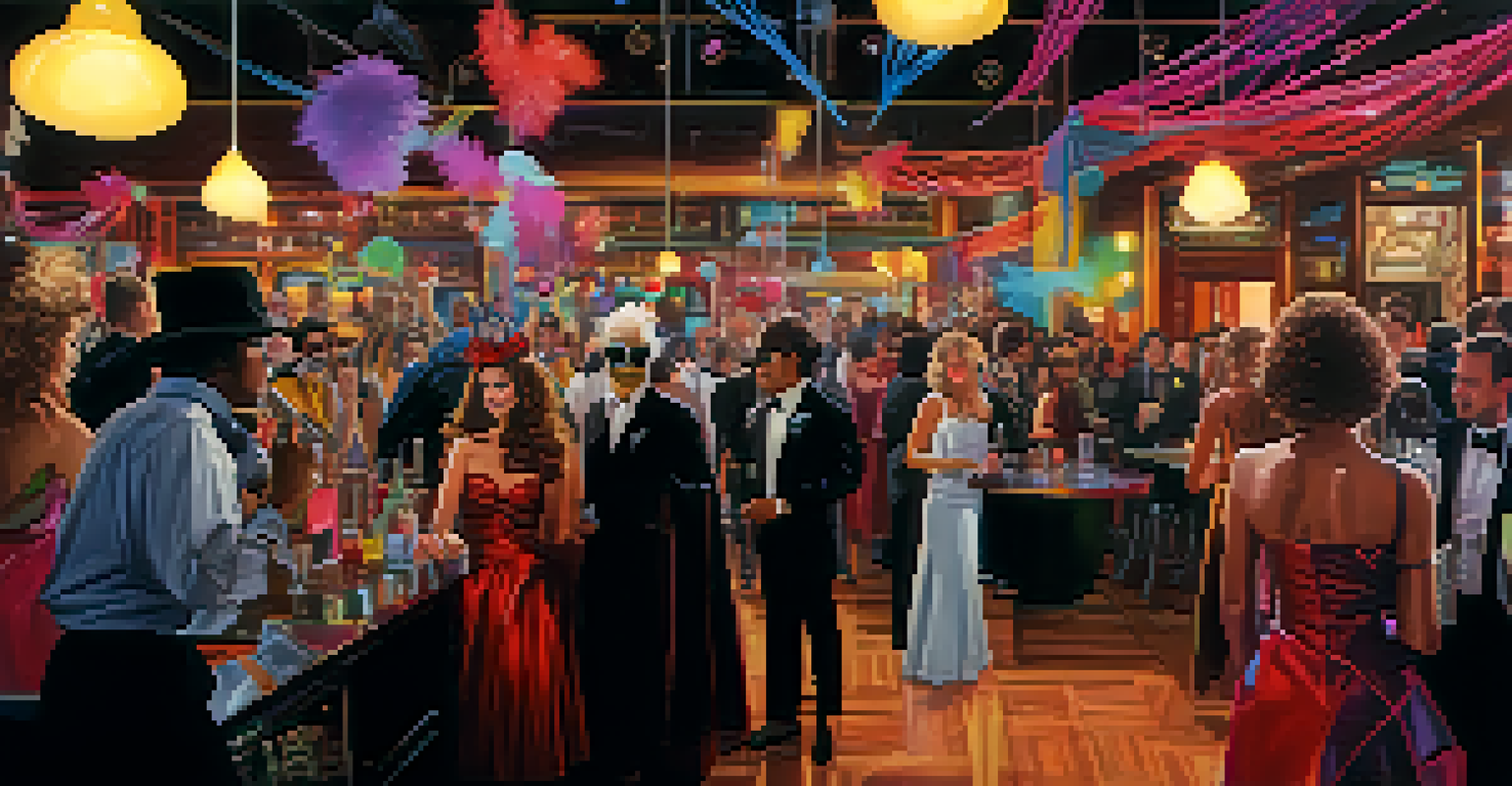 A themed party in a San Francisco club with attendees in costumes and festive decorations.