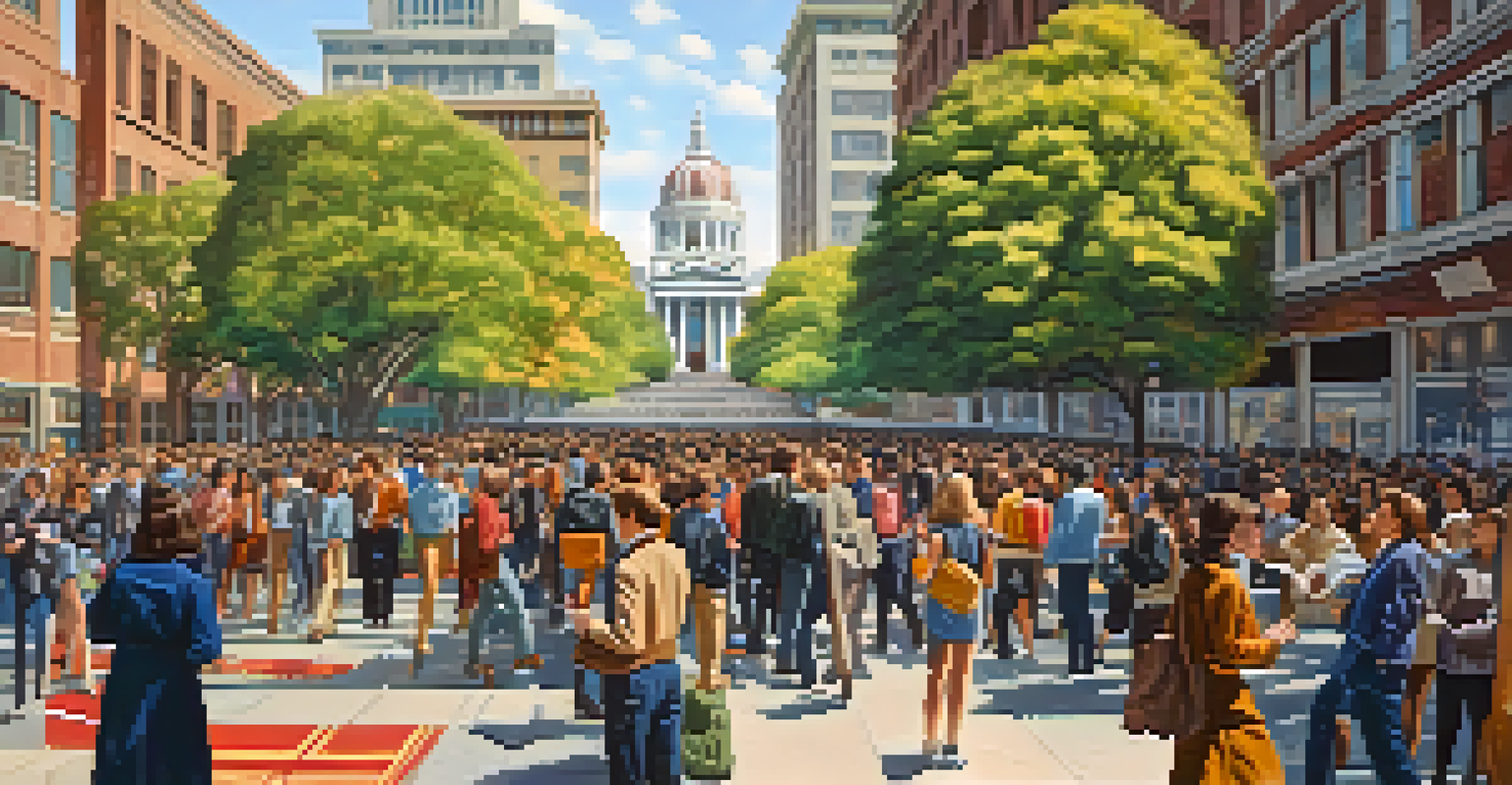A university campus filled with students engaged in discussions and protests for peace during the 1960s.