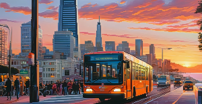 A sunset view of San Francisco's skyline with an electric bus and bike-sharing stations in the foreground.