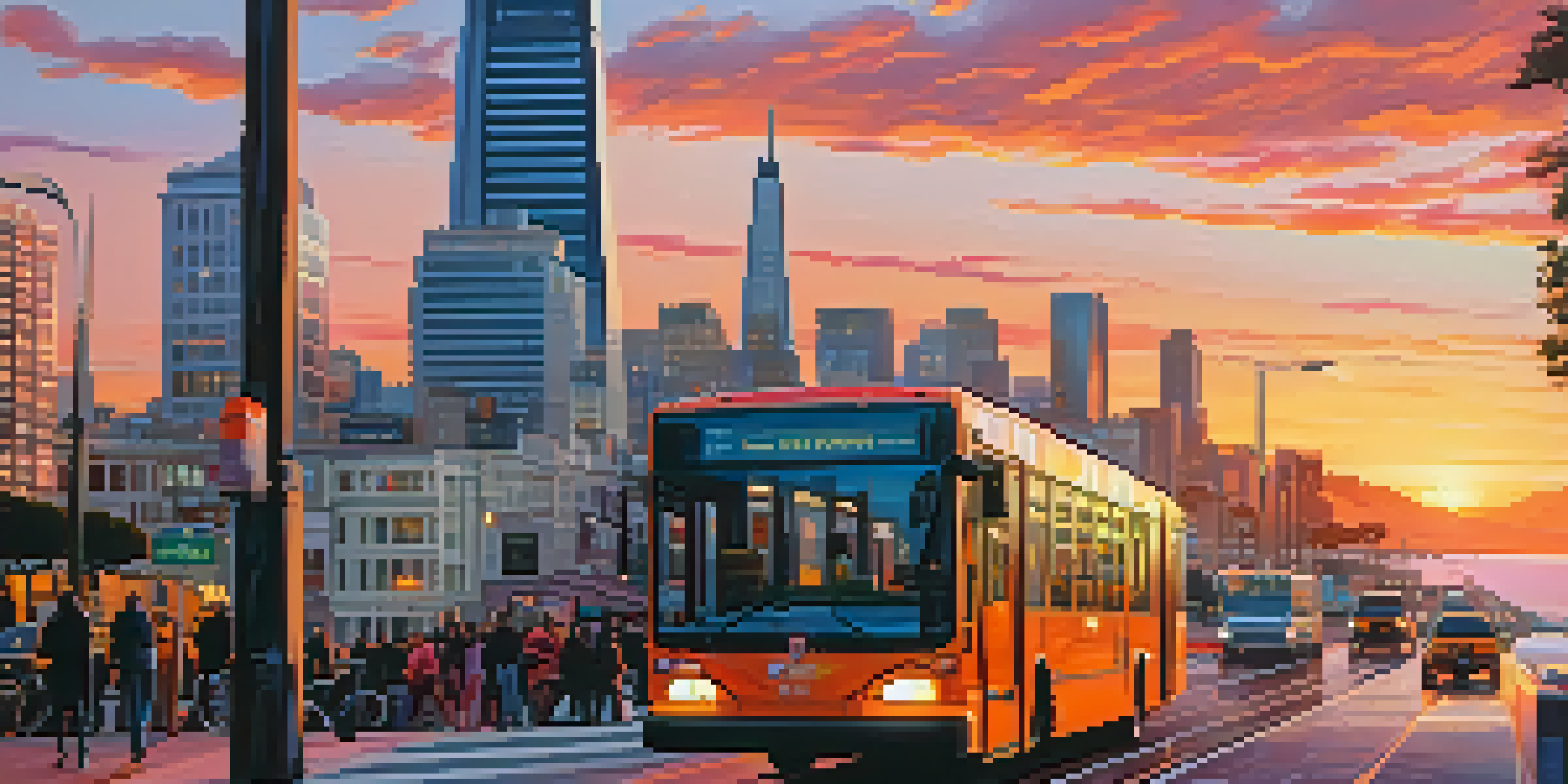 A sunset view of San Francisco's skyline with an electric bus and bike-sharing stations in the foreground.