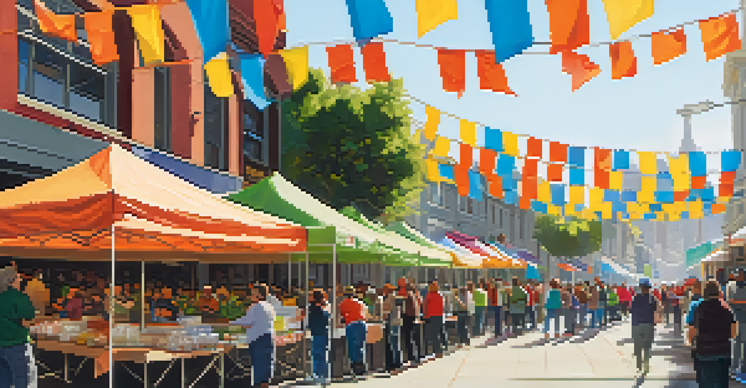 A community event in San Francisco with volunteers distributing food and engaging with community members under colorful banners.
