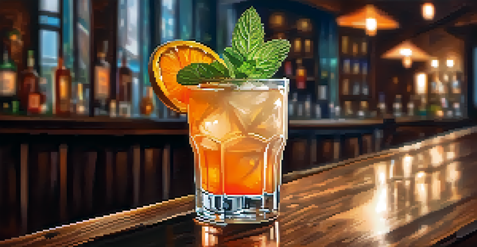A colorful cocktail garnished with orange peel and mint on a rustic wooden bar in a dimly lit speakeasy setting.