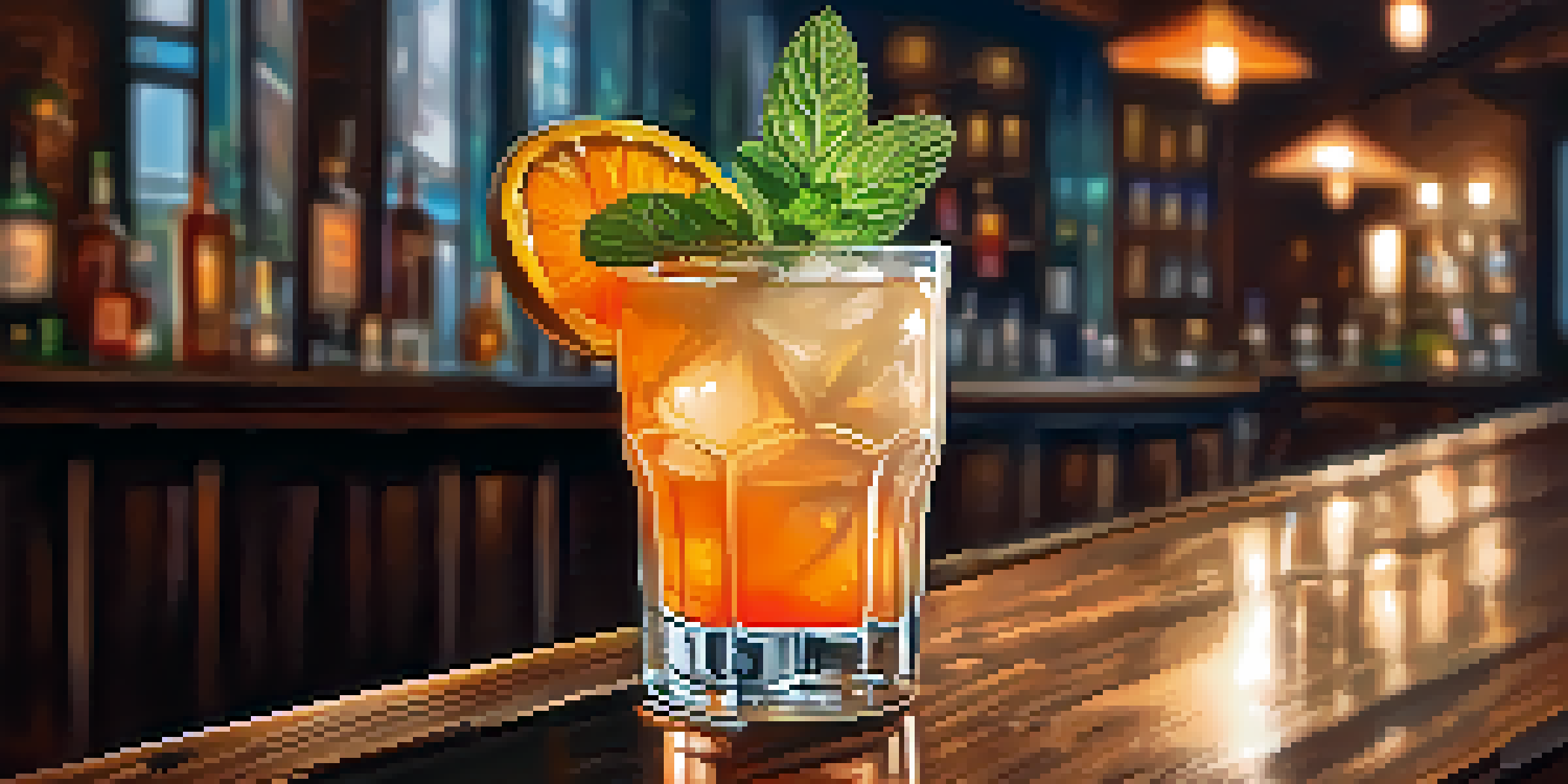 A colorful cocktail garnished with orange peel and mint on a rustic wooden bar in a dimly lit speakeasy setting.