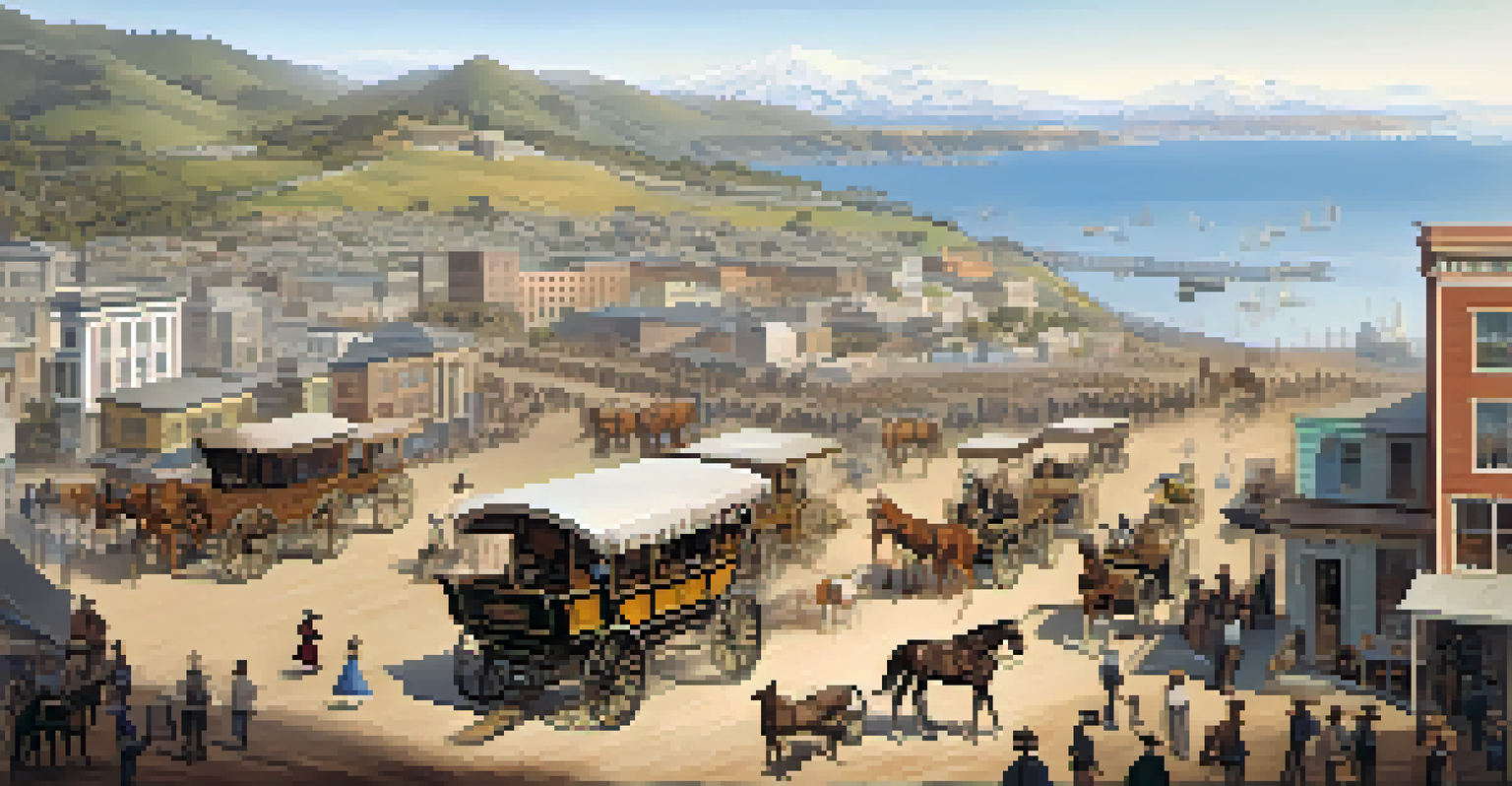 An aerial view of mid-1800s San Francisco showing its growth during the Gold Rush, with temporary and permanent buildings.