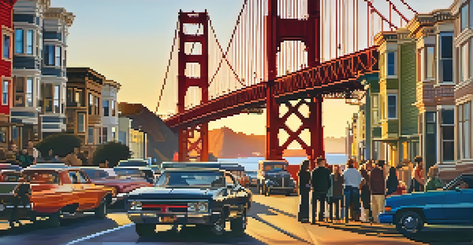 A sunset view of a San Francisco street with diverse people talking, the Golden Gate Bridge in the background, and colorful murals on the buildings.