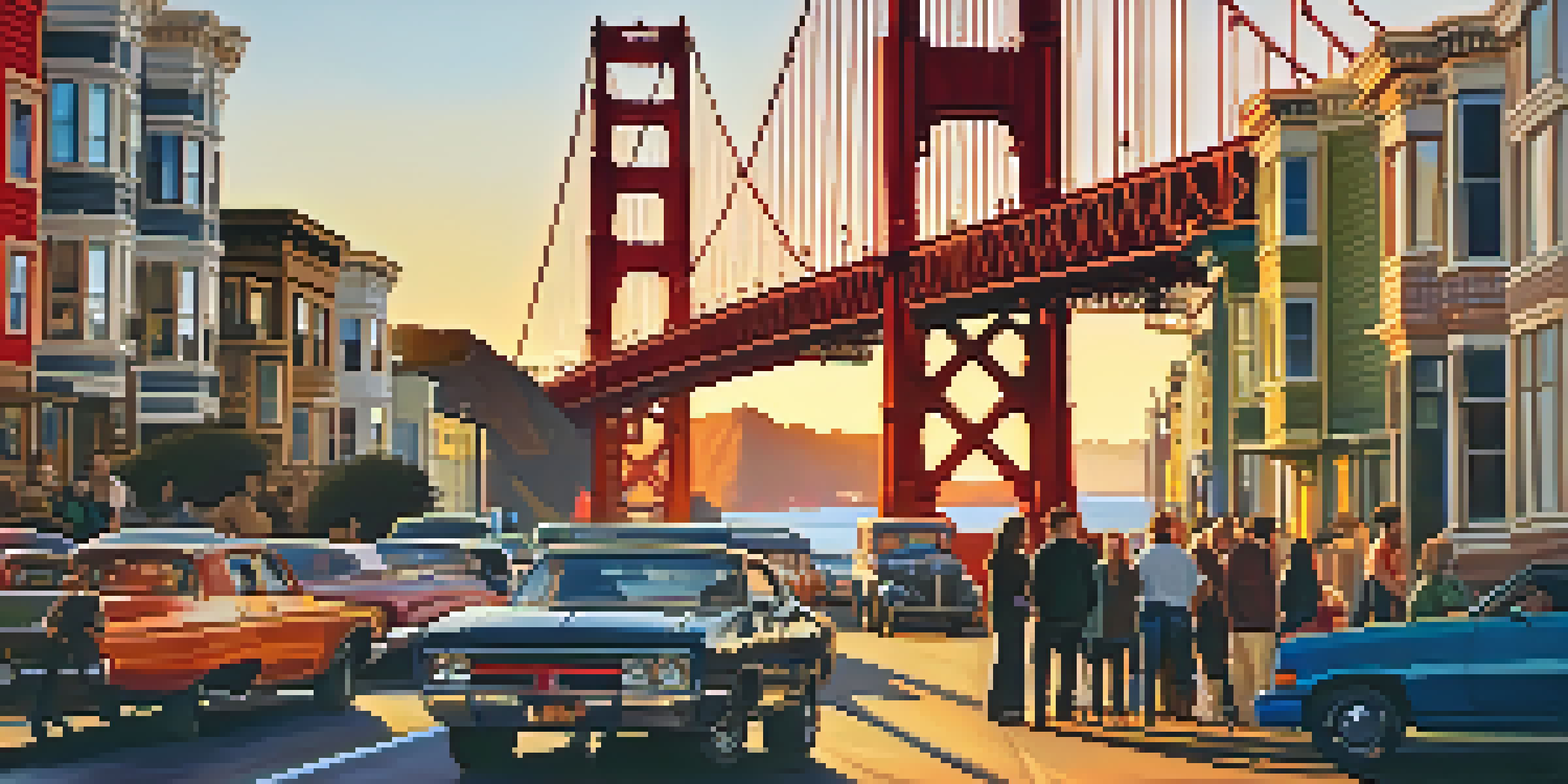 A sunset view of a San Francisco street with diverse people talking, the Golden Gate Bridge in the background, and colorful murals on the buildings.