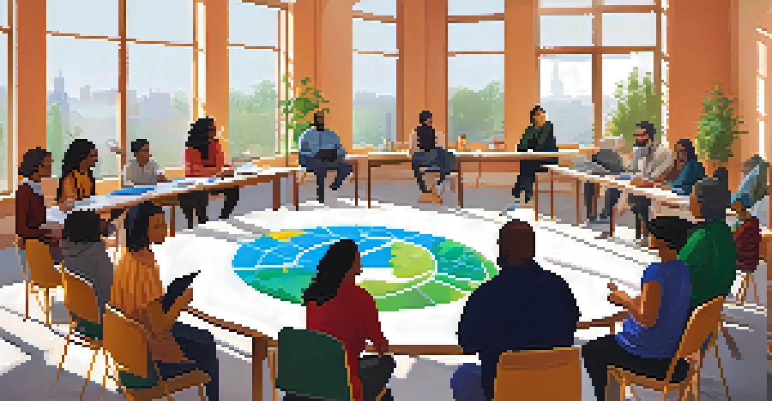 A community workshop discussing climate action with diverse participants seated in a circle, engaging with a facilitator and various educational materials.