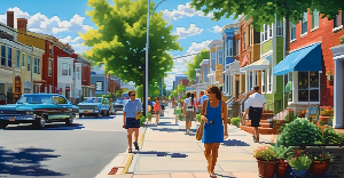 A lively neighborhood street with colorful houses, green trees, and people walking and socializing in a sunny environment.