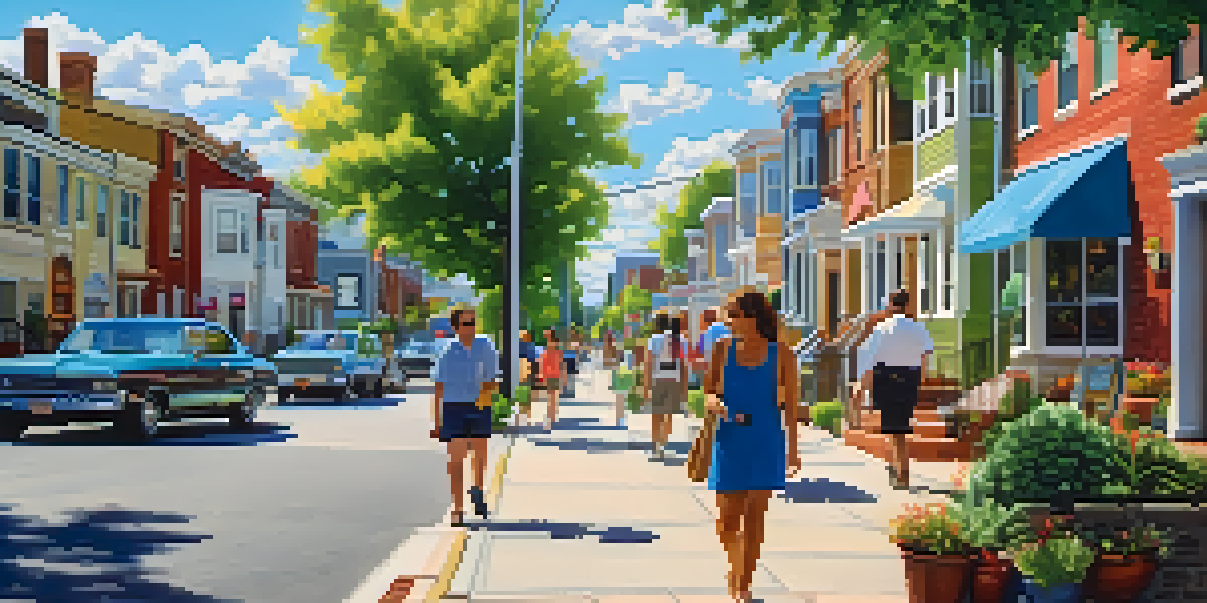 A lively neighborhood street with colorful houses, green trees, and people walking and socializing in a sunny environment.