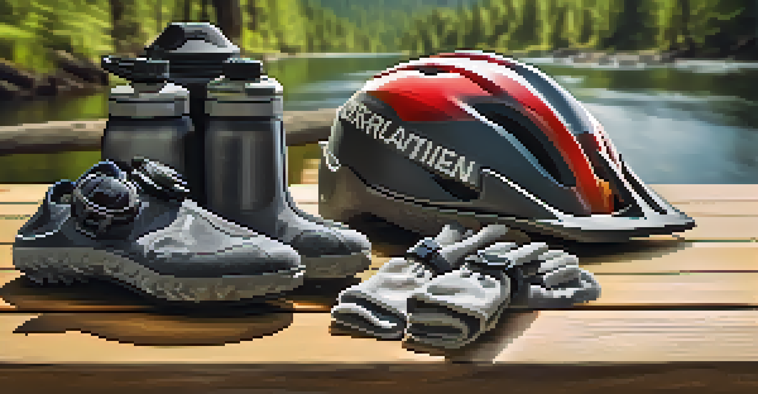 Essential biking gear including a helmet, gloves, shoes, and a hydration pack on a picnic table in a forest.