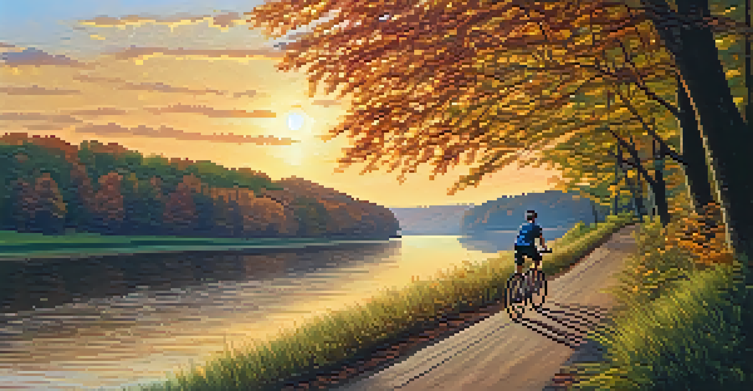 A cyclist on the Great Allegheny Passage with a river and autumn foliage, under a warm sunset.