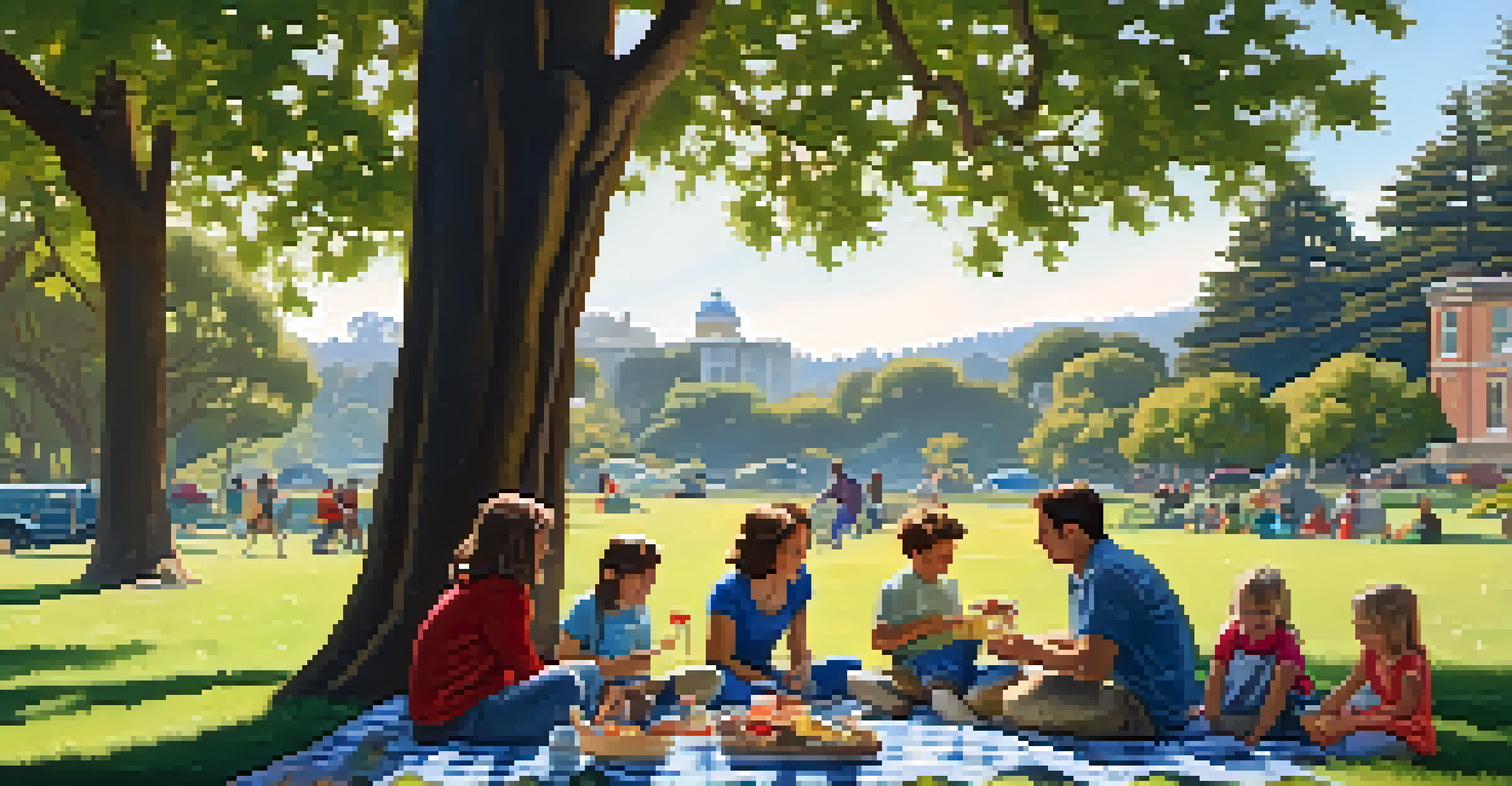 A joyful family enjoying a picnic in the Presidio, with children playing and historic buildings in the background.