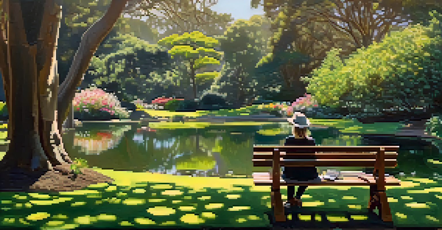 A peaceful scene in Golden Gate Park, featuring a writer sitting on a bench amidst greenery and flowers, with sunlight filtering through trees.