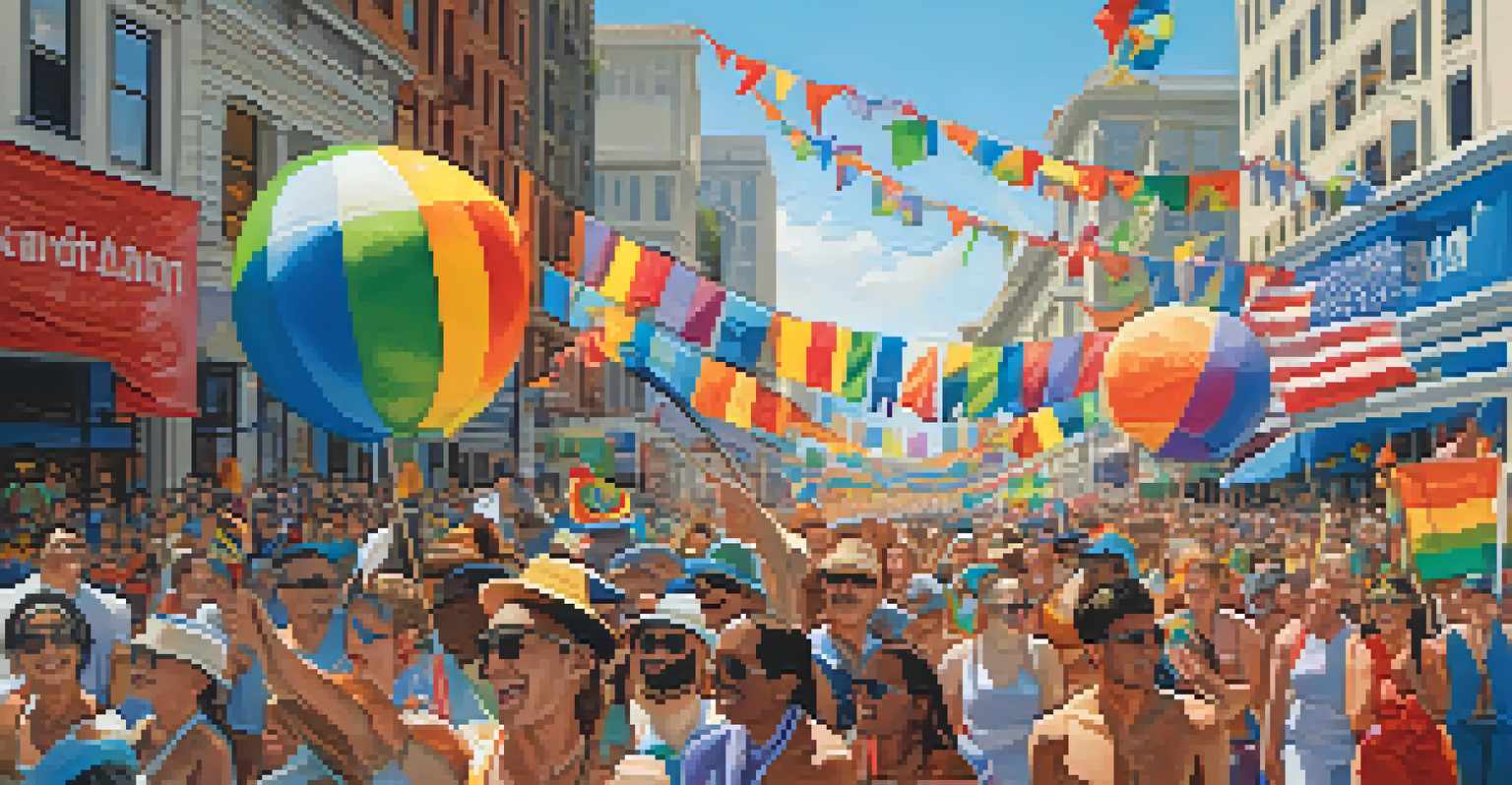 A colorful Pride Parade in San Francisco, featuring floats, diverse participants in costumes, and cheering spectators, celebrating love and inclusion under a sunny sky.