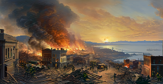 A wide view of San Francisco after the 1906 earthquake, featuring destruction and smoke, with firefighters and citizens assisting each other.