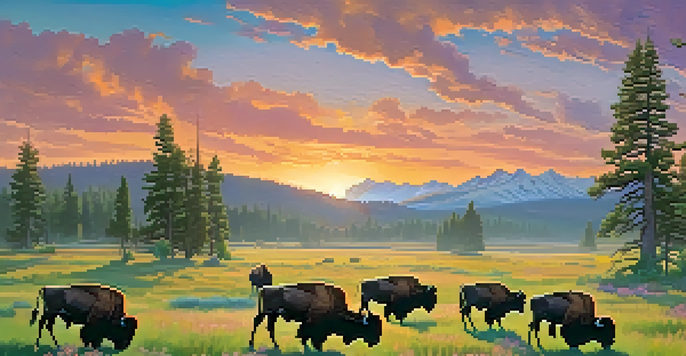 A scenic view of Yellowstone National Park at sunrise with bison in a green meadow and colorful sky.