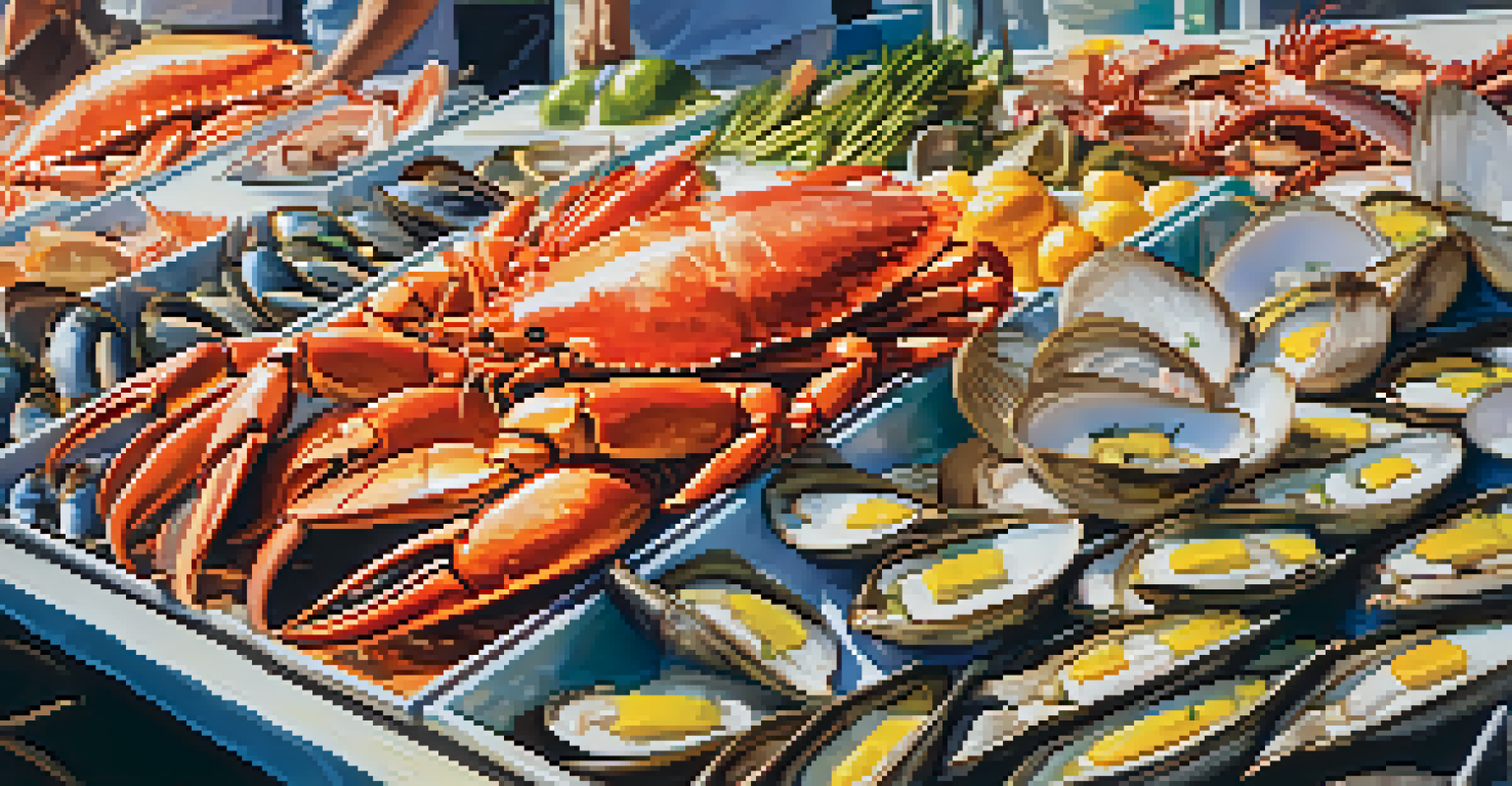 A market stall showcasing fresh seafood, with colorful crabs and fish, illuminated by sunlight.