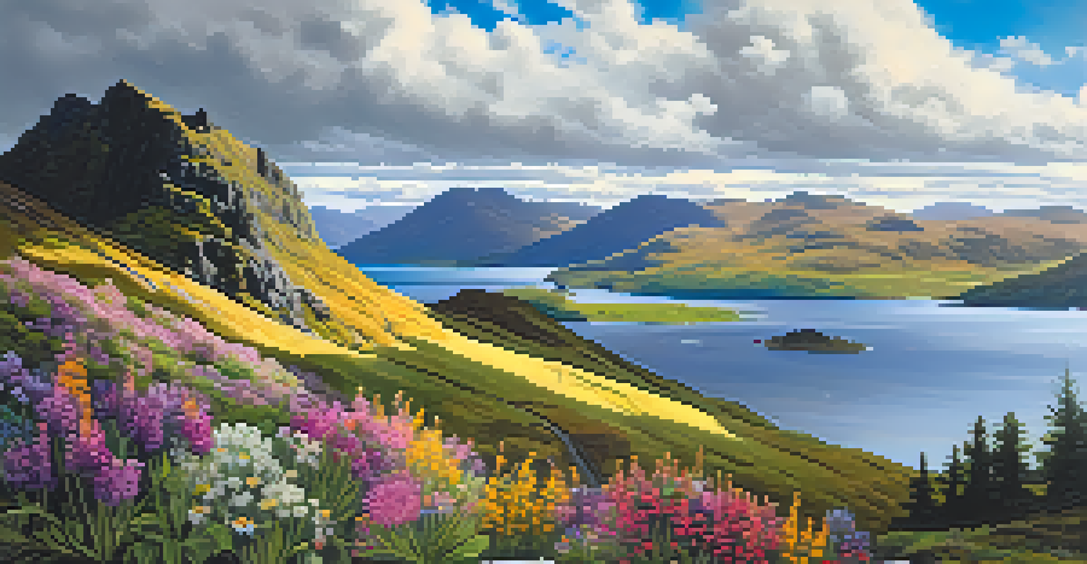 A scenic view from a castle balcony in the Scottish Highlands, showcasing mountains and lochs with colorful wildflowers in the foreground.