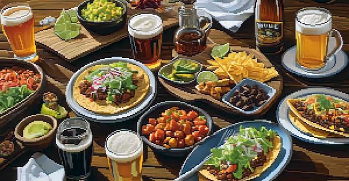 A wooden table displaying various craft beers and a variety of food pairings including tacos, chocolate desserts, and salad, under warm lighting.
