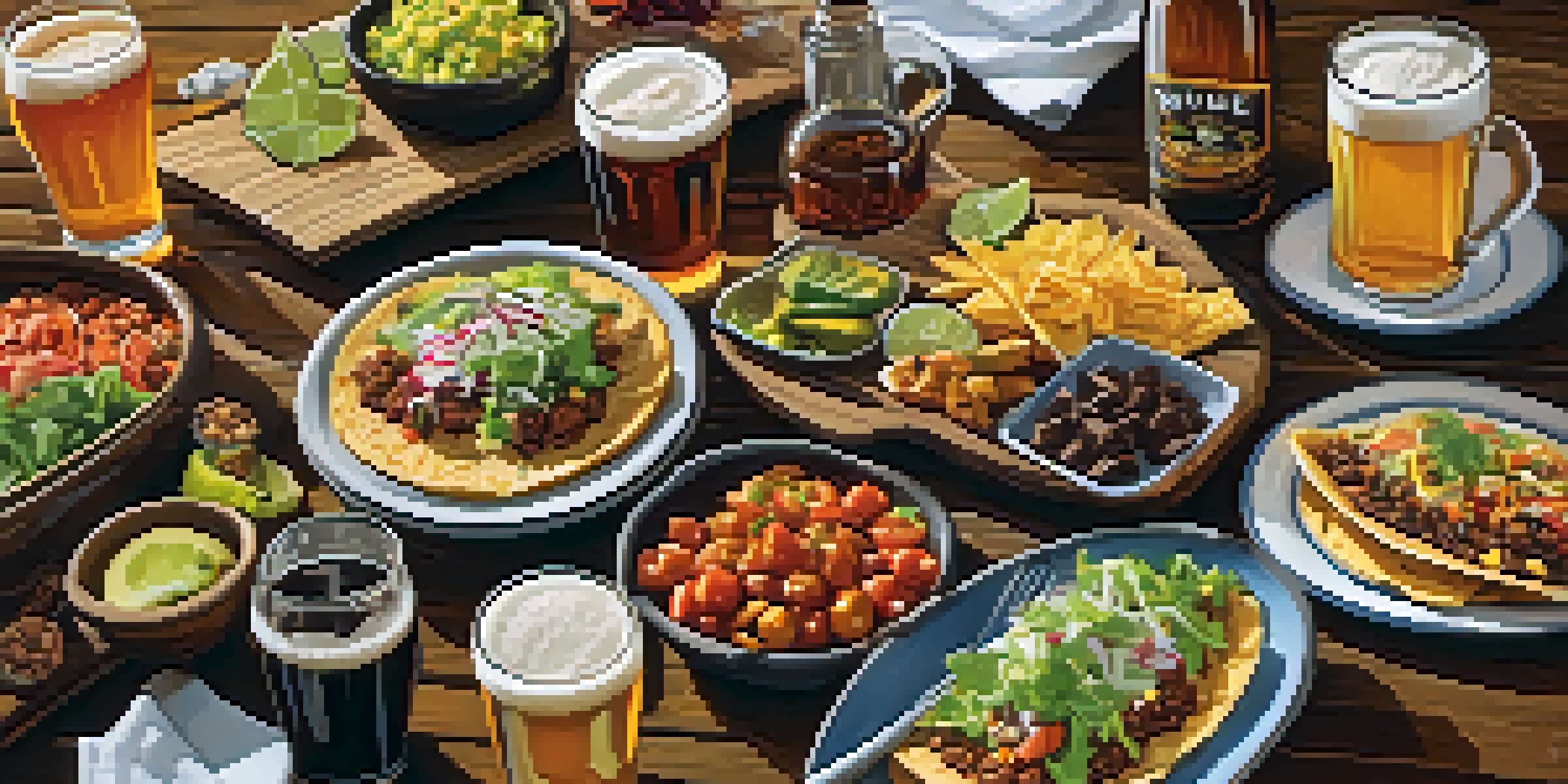 A wooden table displaying various craft beers and a variety of food pairings including tacos, chocolate desserts, and salad, under warm lighting.