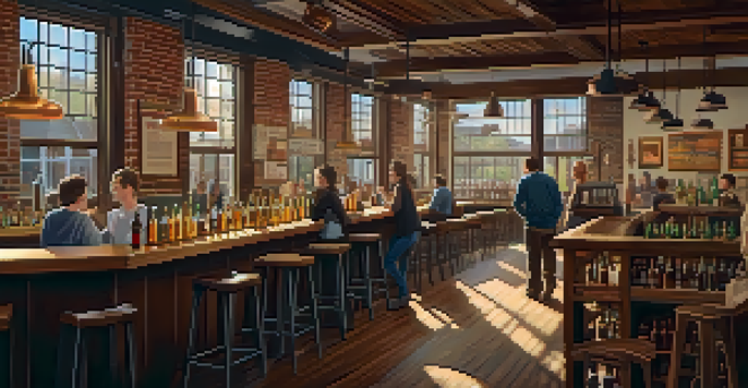 Interior of a craft brewery with wooden furniture, a bartender pouring beer, and patrons enjoying their drinks.