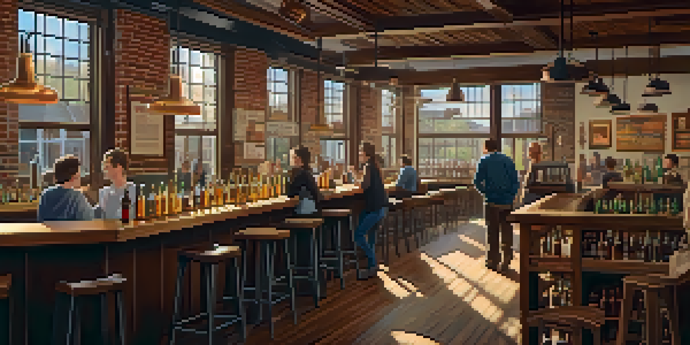 Interior of a craft brewery with wooden furniture, a bartender pouring beer, and patrons enjoying their drinks.