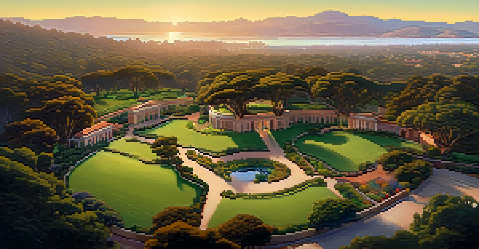 An aerial view of Presidio Park showing diverse ecosystems with winding nature trails, colorful gardens, and historic adobe structures, all bathed in sunset light.