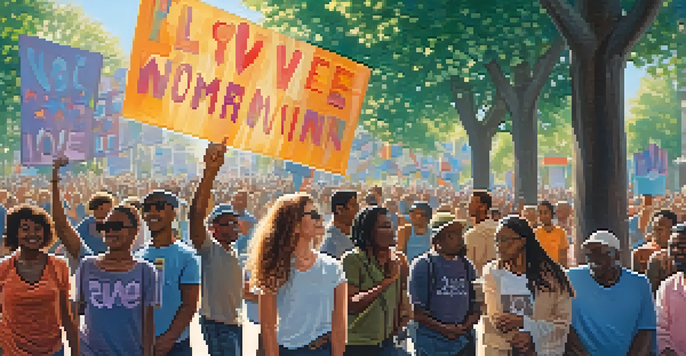 A diverse group of people peacefully protesting for social justice, holding colorful signs, under a blue sky with sunlight filtering through trees.