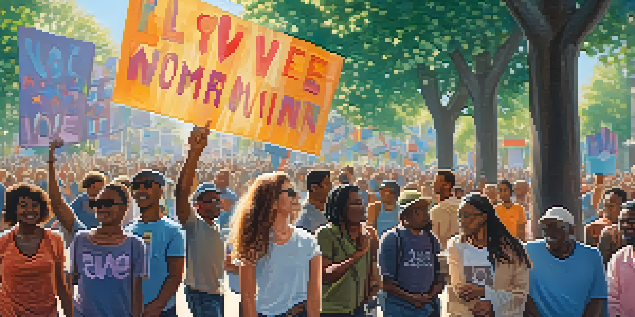 A diverse group of people peacefully protesting for social justice, holding colorful signs, under a blue sky with sunlight filtering through trees.