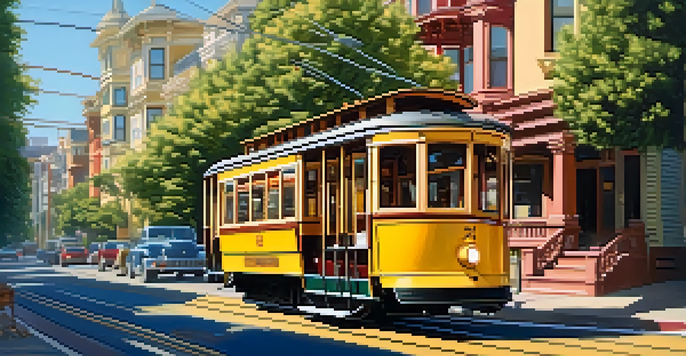 A vintage streetcar in San Francisco, surrounded by colorful Victorian houses and trees, illuminated by warm afternoon sunlight.
