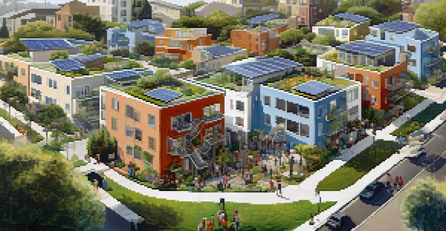 A co-housing community in San Francisco with modern homes and residents engaging in community activities.